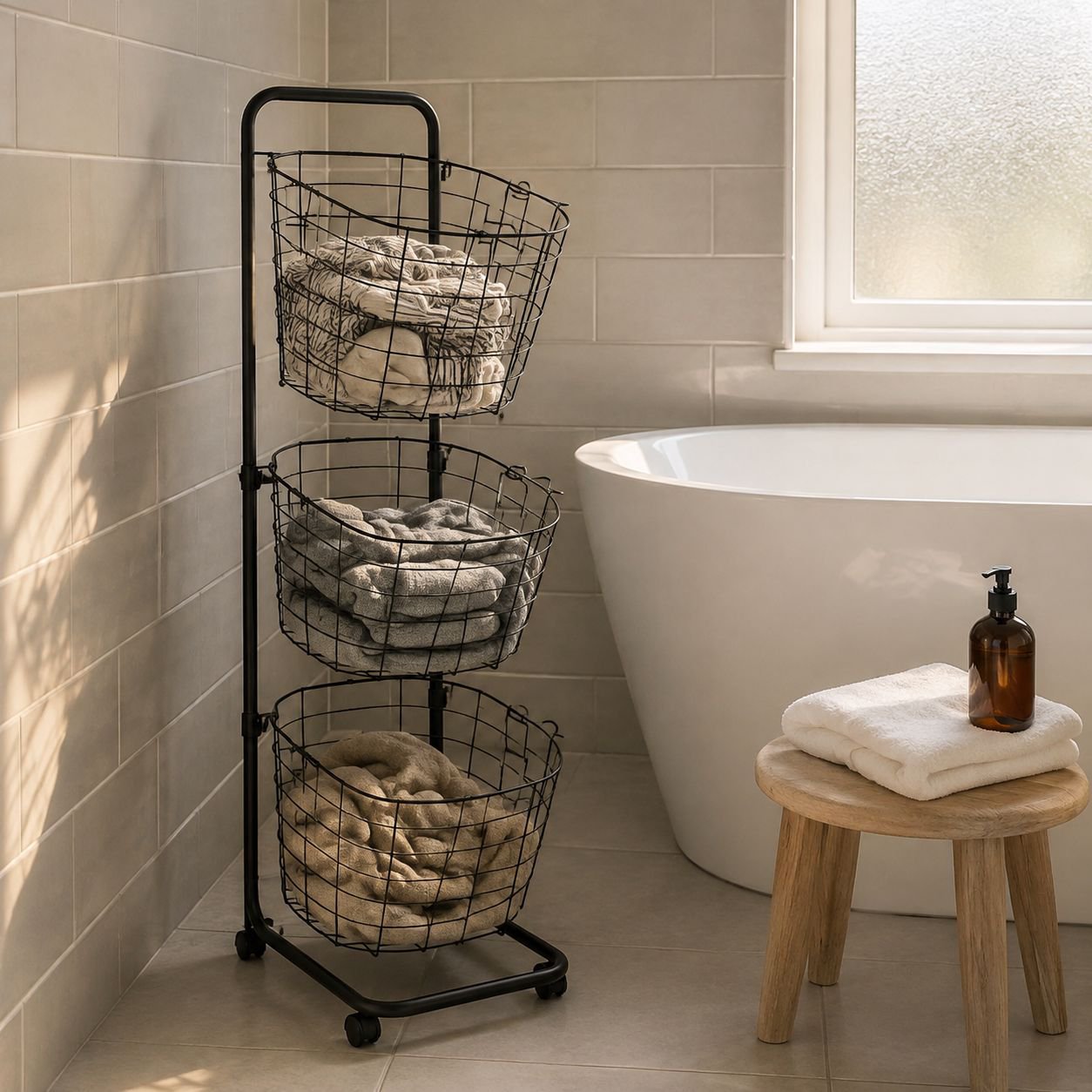Household laundry basket Multi-layer balcony storage basket with wheels can be moved to put dirty cl