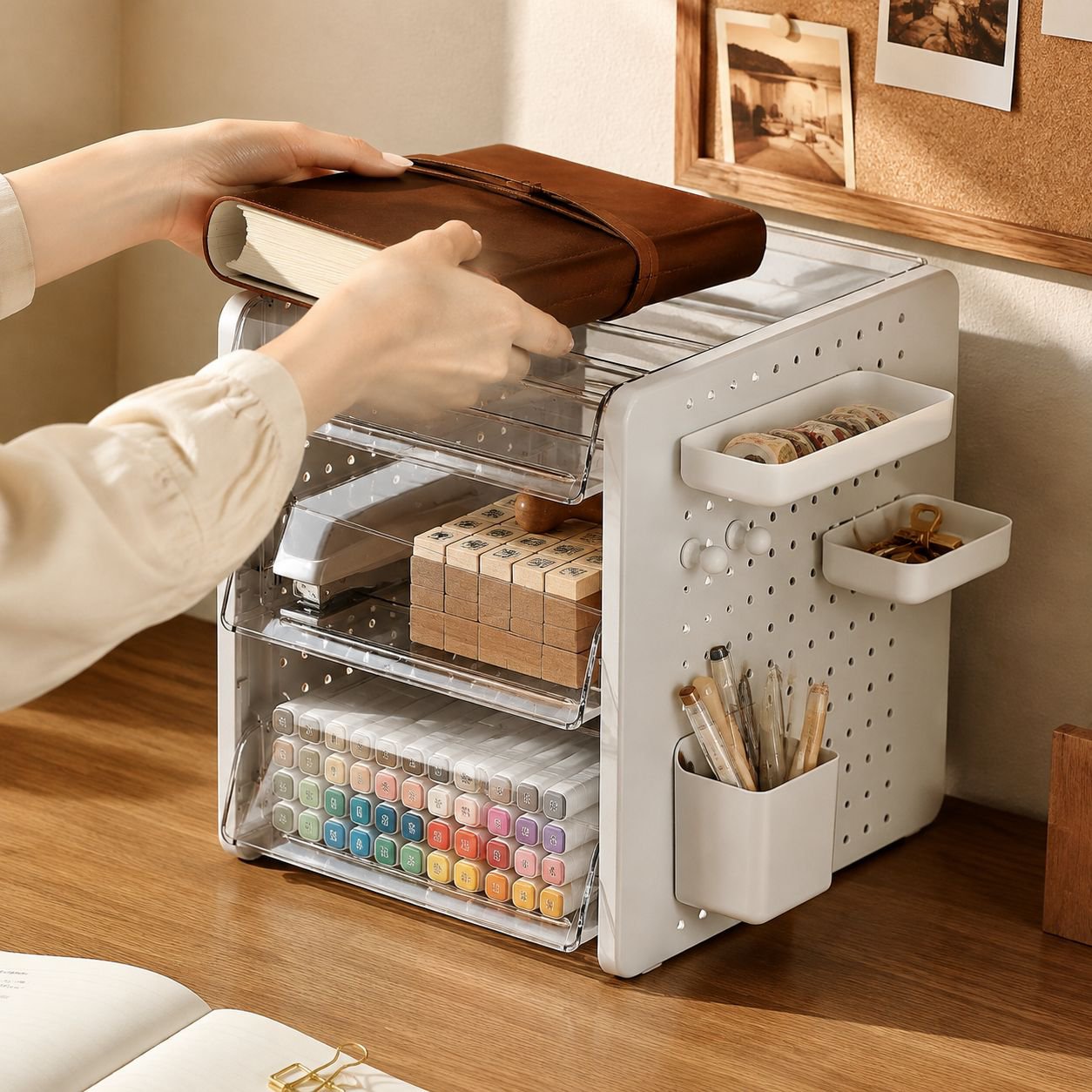 Organizador de escritorio con tablero perforado, solución todo en uno para papelería y cosméticos