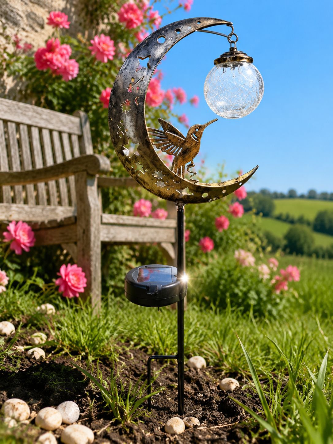 Ornement de jardin en forme de colibri et lune