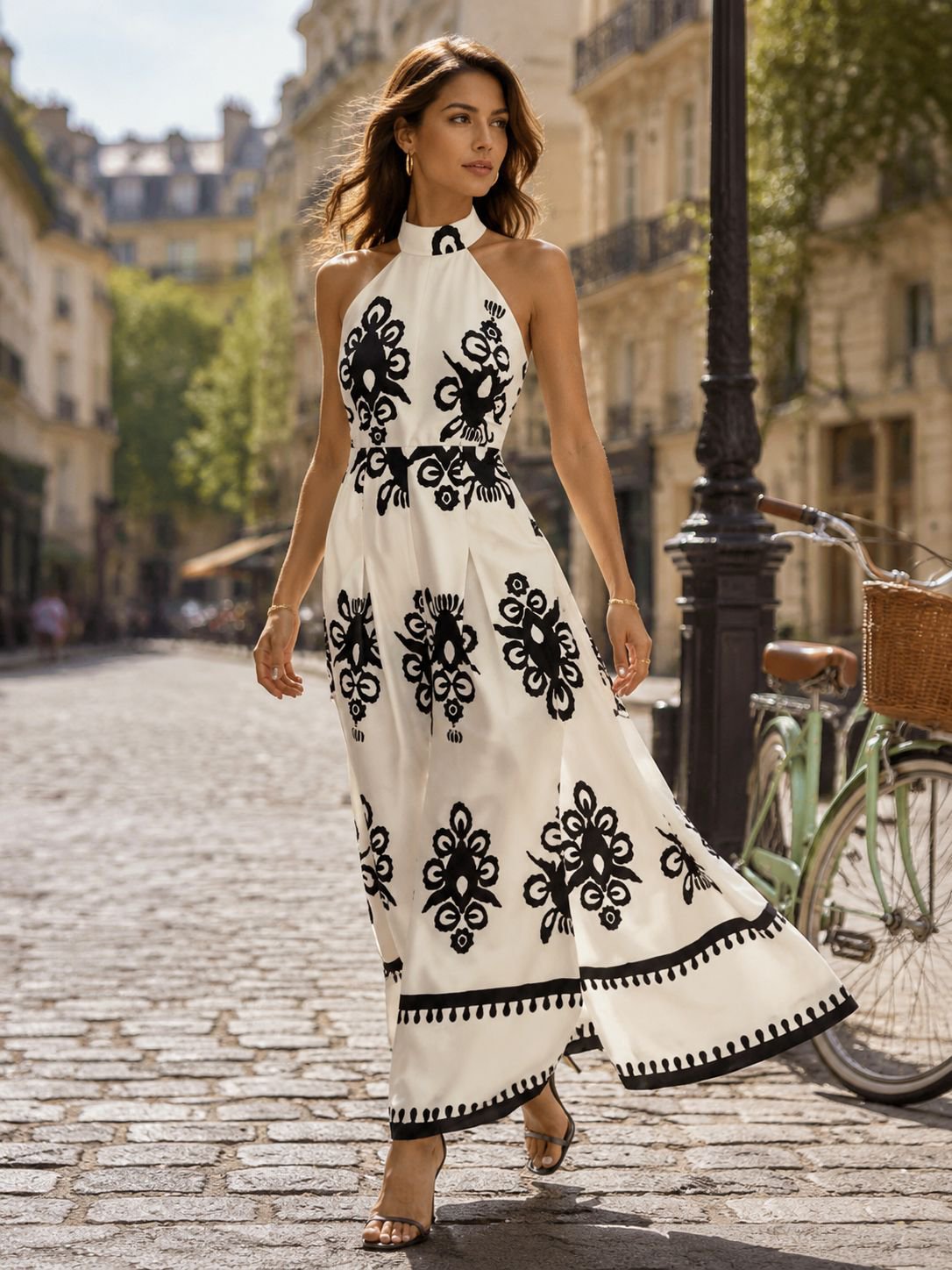Combinaison femme été imprimée ajustée col rond ceinture tendance