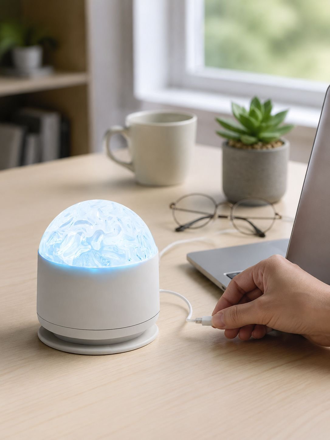 Proyector de estrellas y luces del norte en habitación moderna