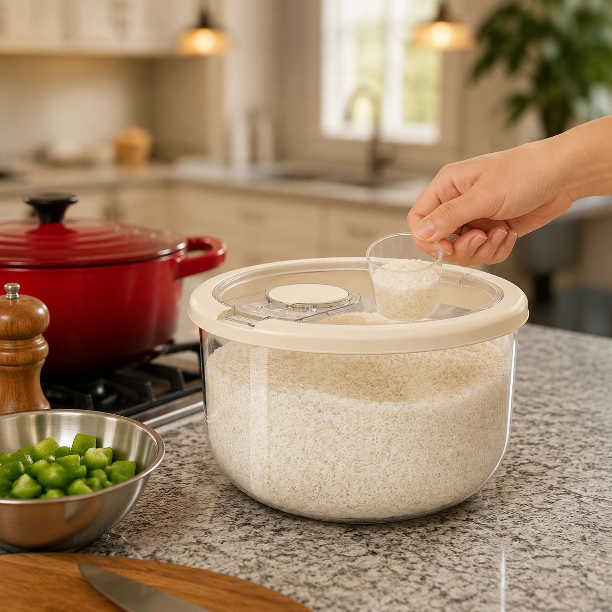 Contenedor transparente de arroz con tapa sellada