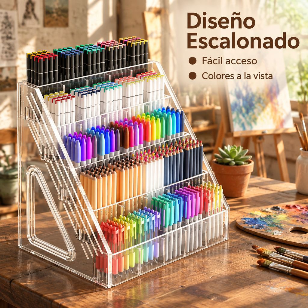 Soporte transparente acrílico con divisiones para almacenar útiles y pinceles