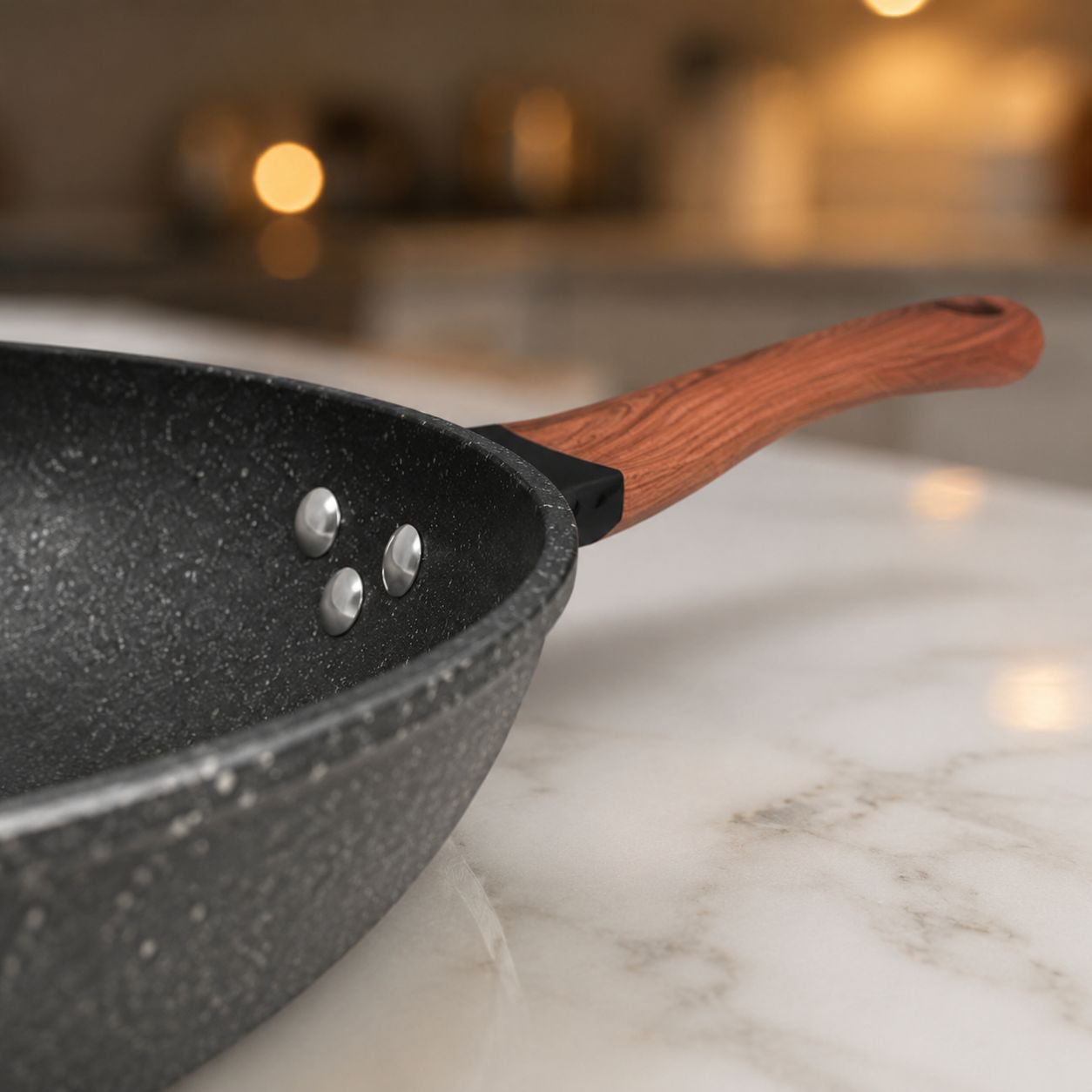 Durable frying pan with natural wooden handle