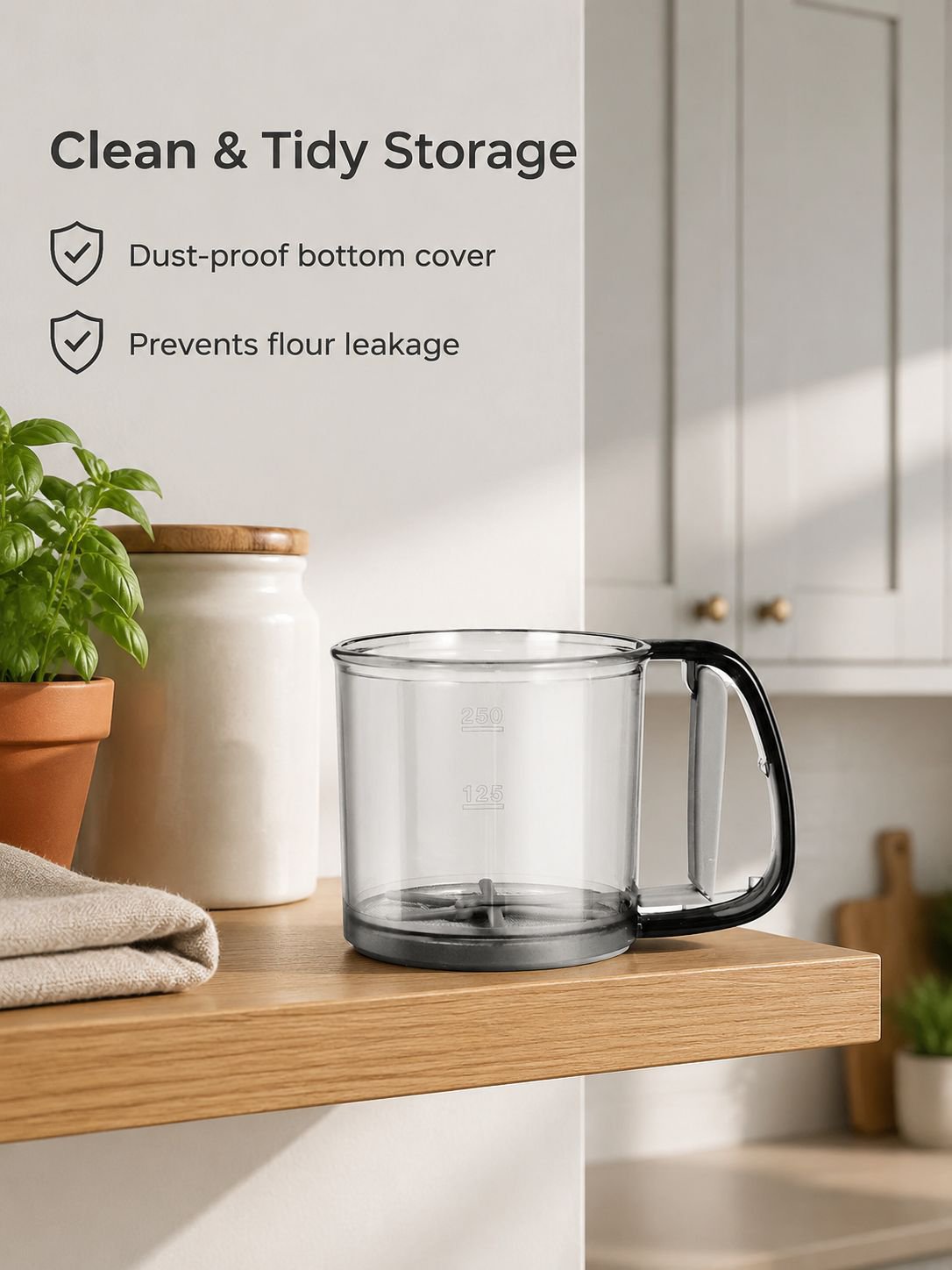 Semi-automatic flour sifter shown in a home kitchen