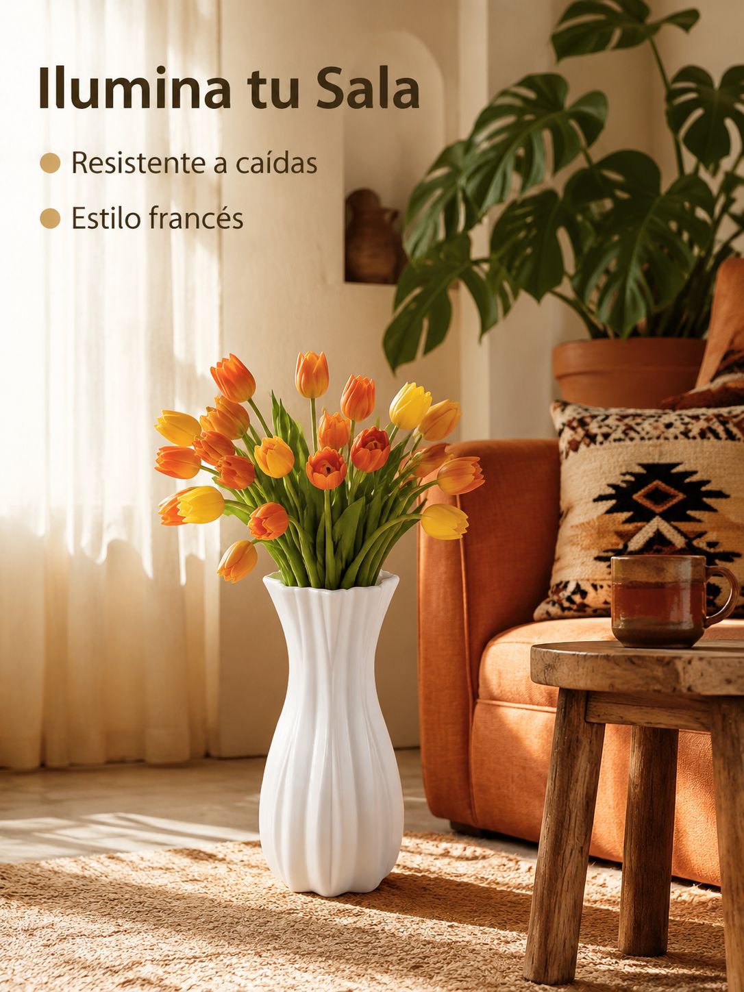 Jarrón de suelo de estilo francés de plástico con flores artificiales para decoración del hogar