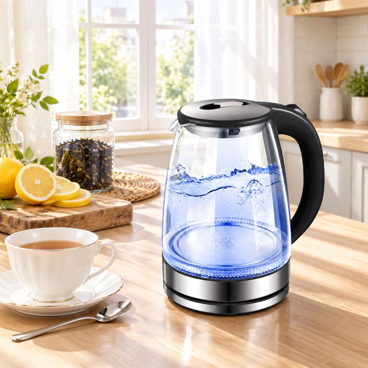 Glass electric kettle with blue LED light on kitchen counter