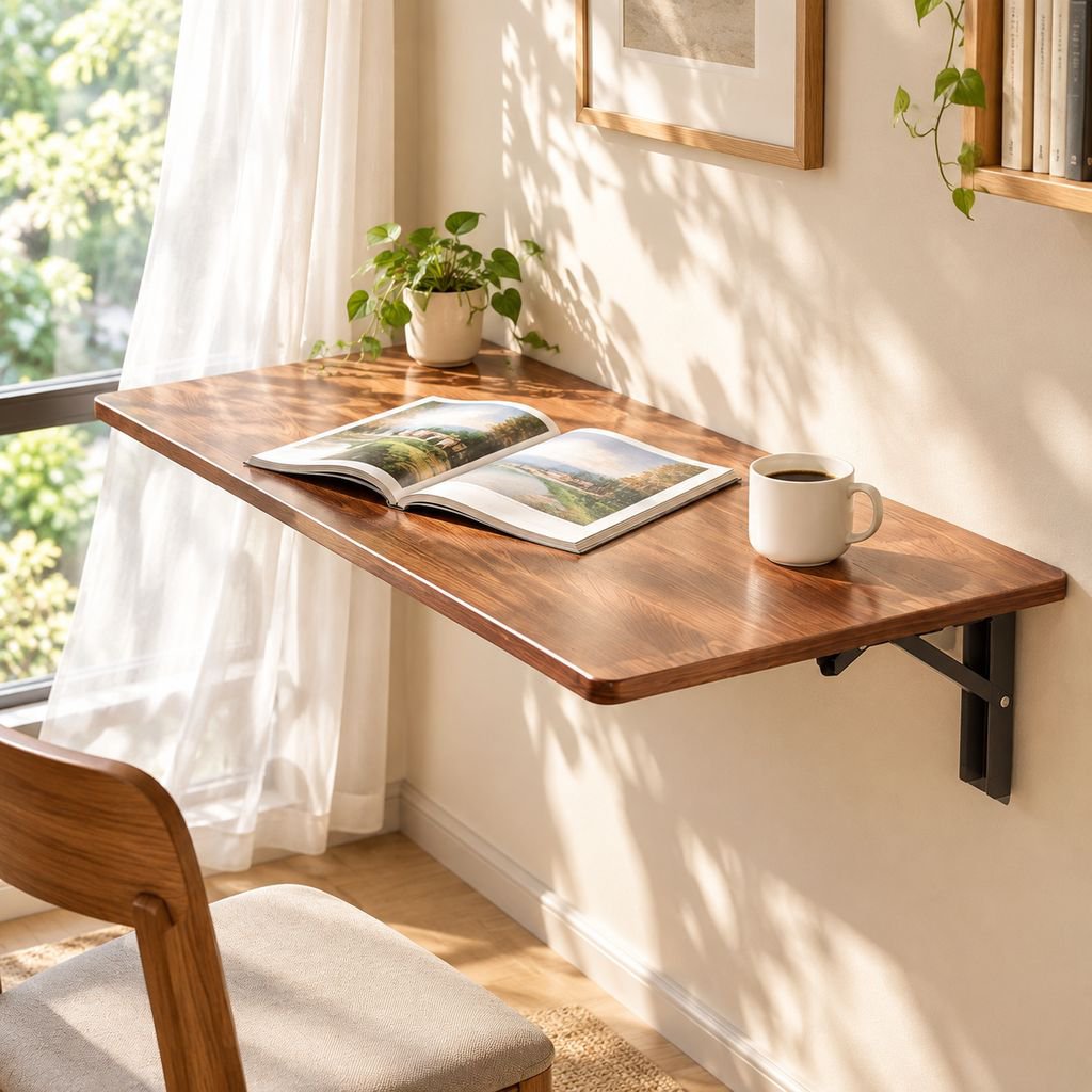 Sturdy wall-mounted desk supporting desktop computer