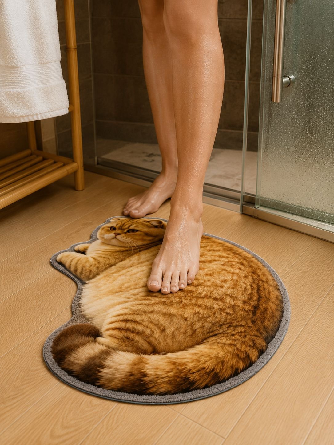Cat-shaped irregular bathroom mat with non-slip backing
