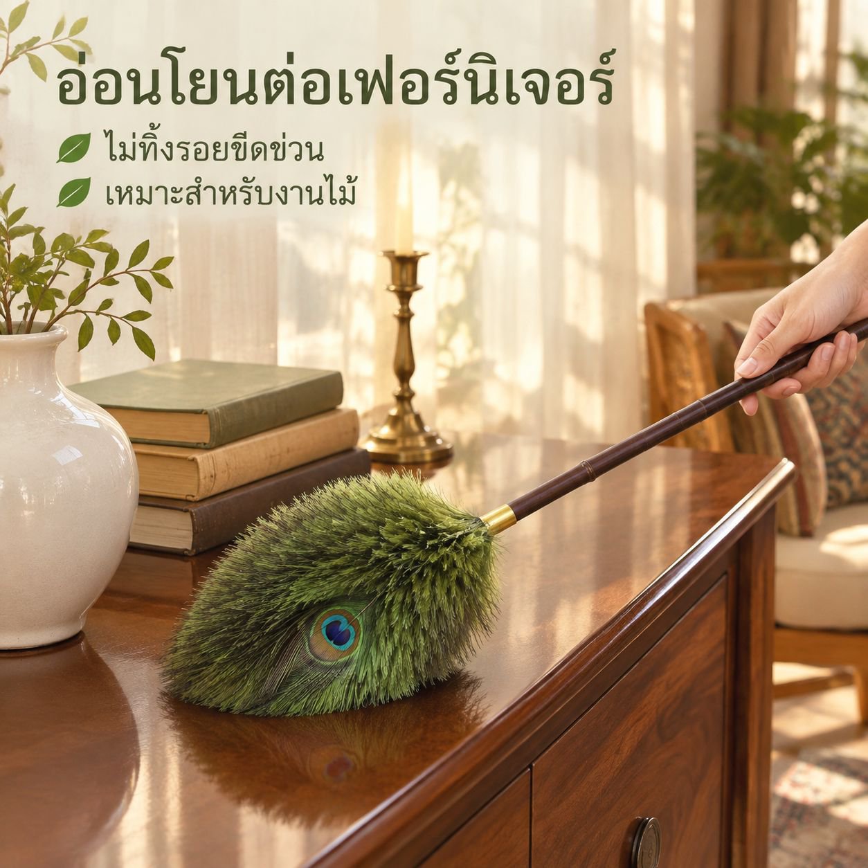ไม้ปัดฝุ่นขนหางนกยูงสไตล์วินเทจ (มีคุณสมบัติป้องกันไฟฟ้าสถิต)