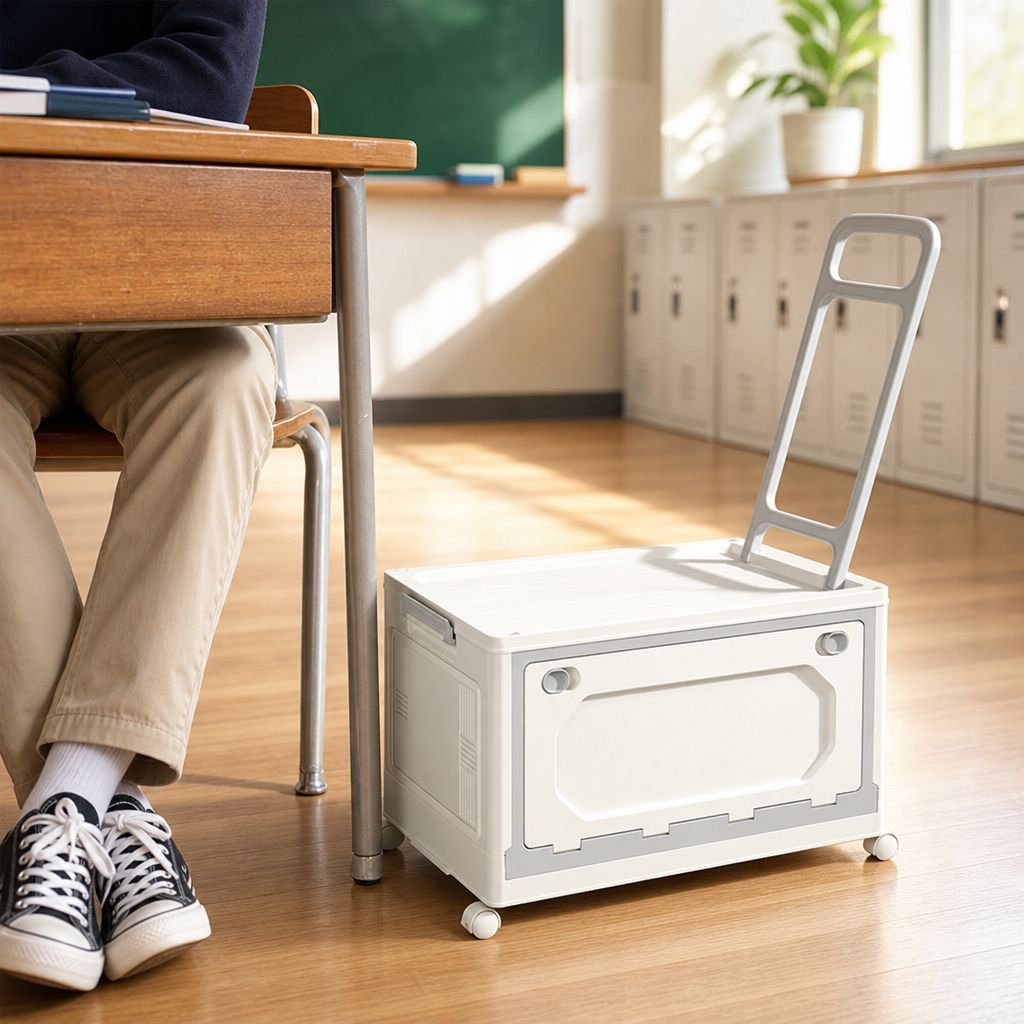 Durable student rolling storage box for classrooms