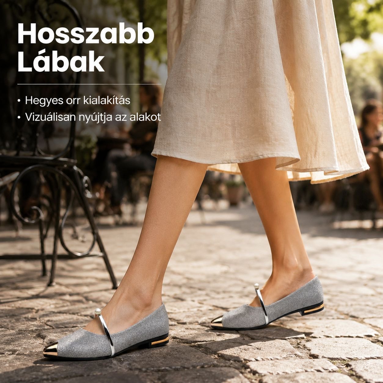 Női nyári hegyes orrú, lapos, gombos, alkalmi cipő