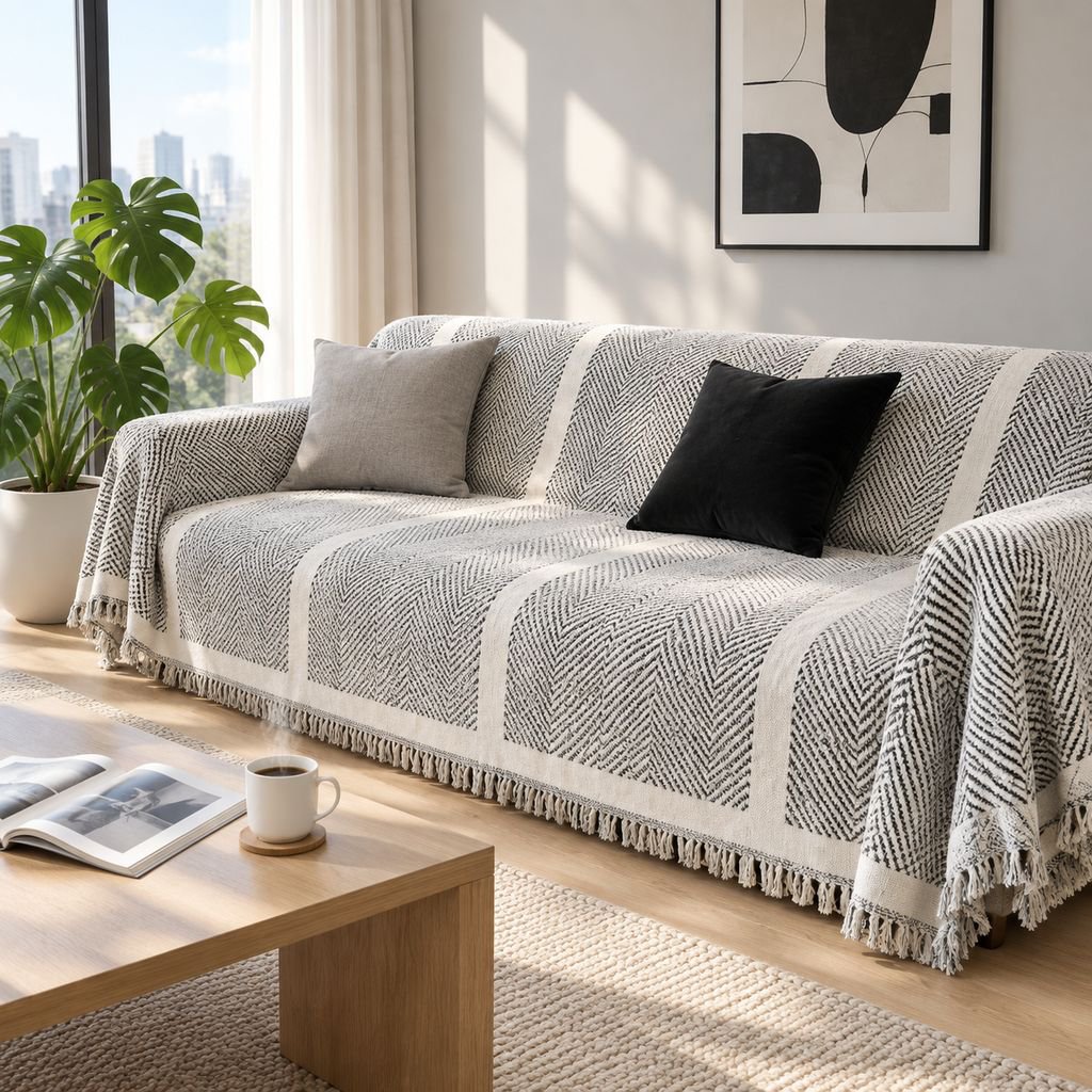 Black and white chenille sofa cover, anti-slip, cat scratch-proof