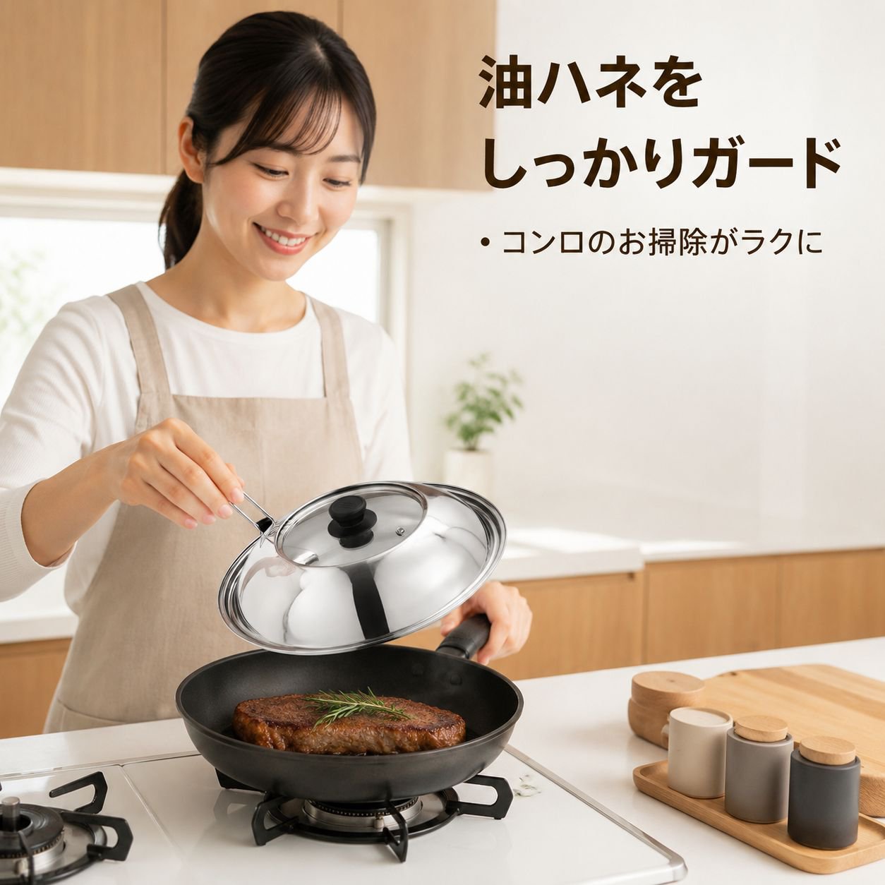 ステンレス製油はね防止・やけど防止可視鍋蓋 家庭用多用途対応