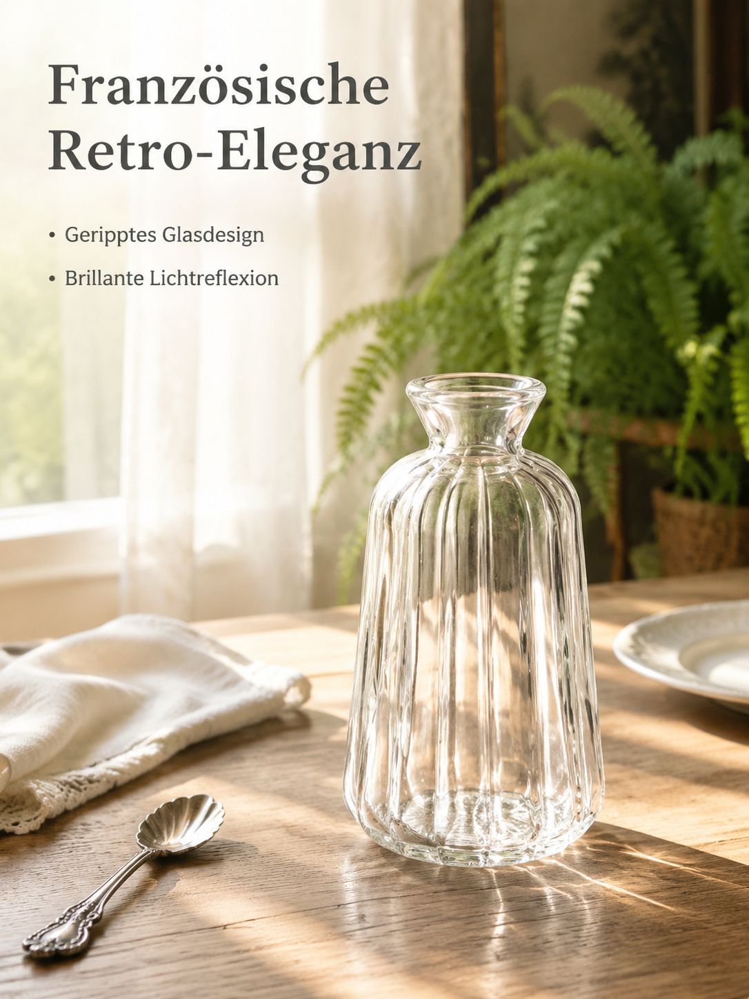 Dekorative Tischvase im französischen Retro-Stil aus geprägtem Glas, transparente Hydrokultur-Blumen