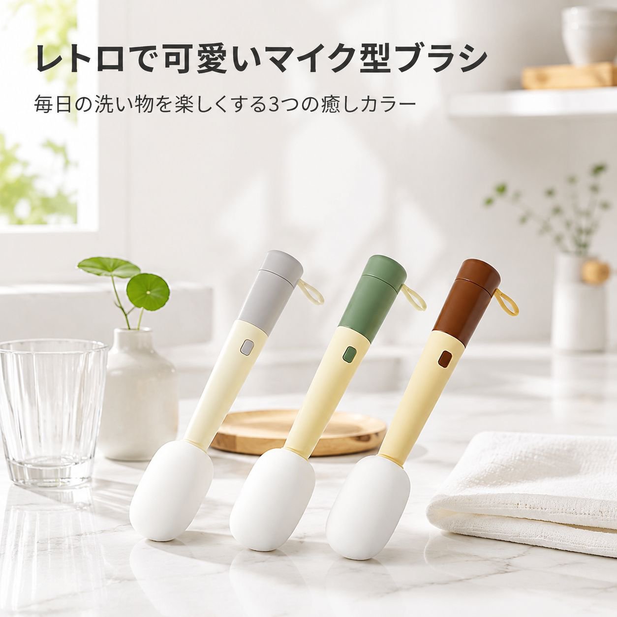 マイク型カップブラシ 多機能3in1ロングハンドルクリーナー 水筒・タンブラー用