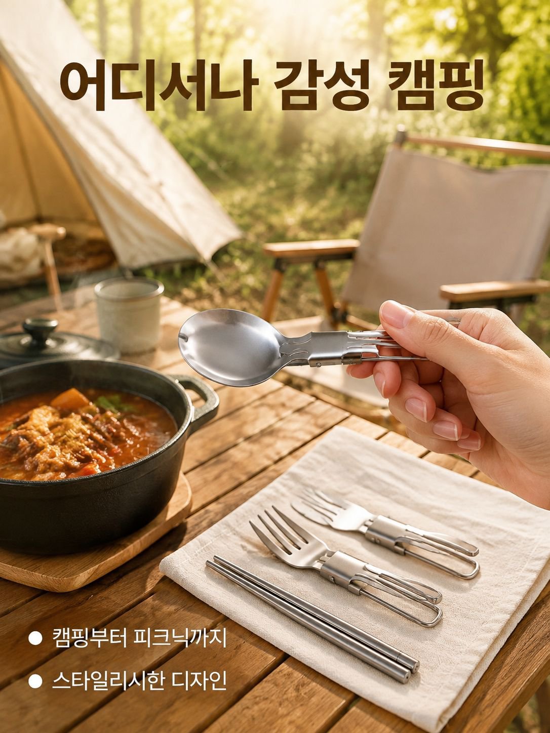 304 스텐 접이식 나이프 포크 스푼 식기 샐러드 스푼 과일 포크 탈부착 젓가락 야외 휴대용 세트