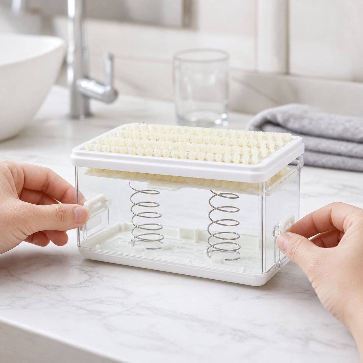 Hygienic soap box with integrated cleaning brush