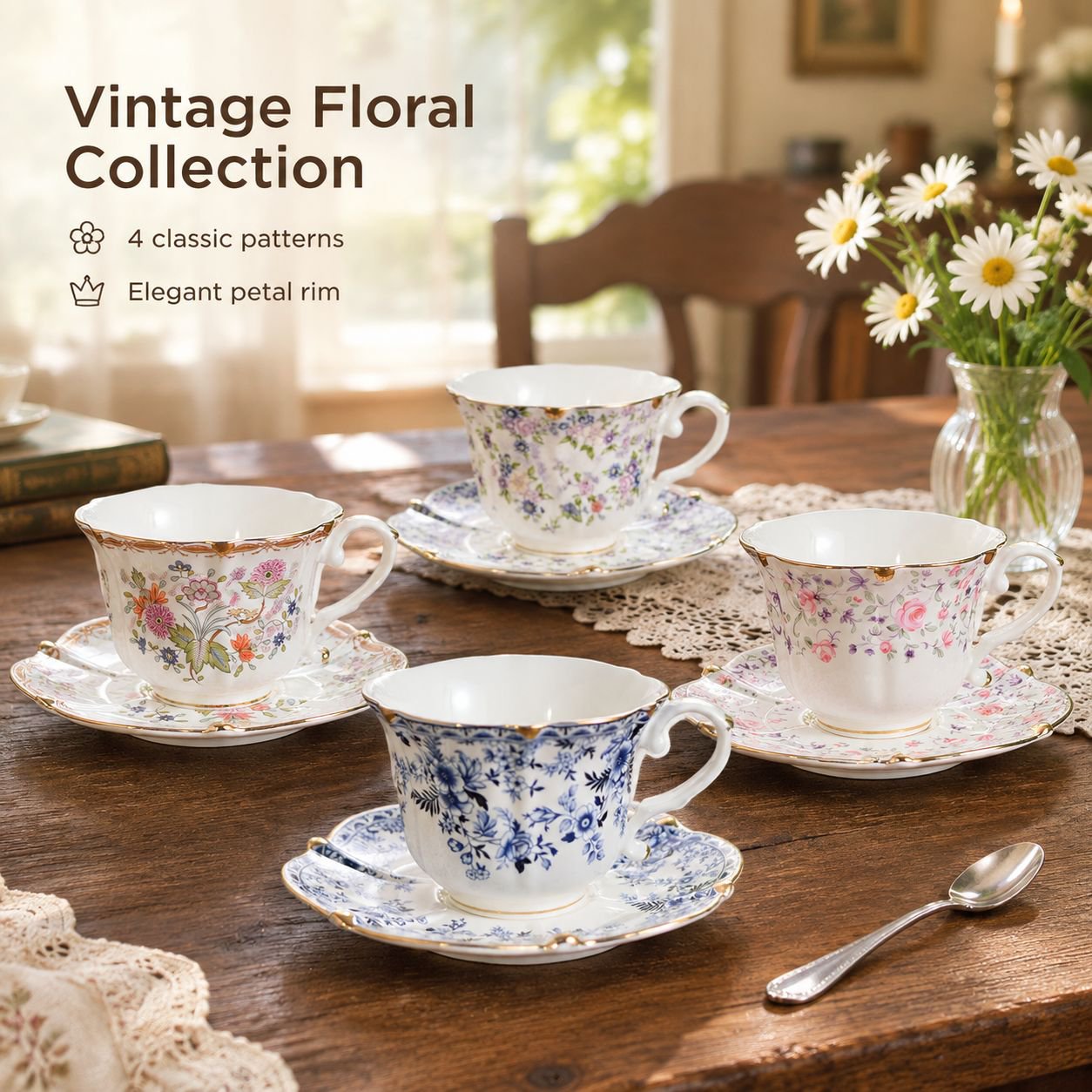 Vintage blue-and-white porcelain coffee cup and saucer set