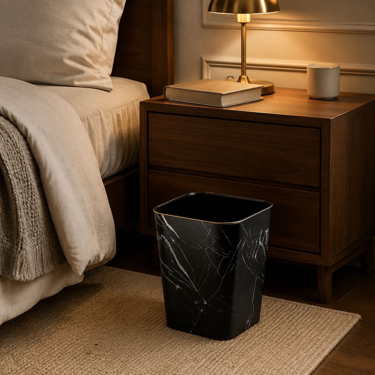 Sophisticated marble pattern trash can with gold accents