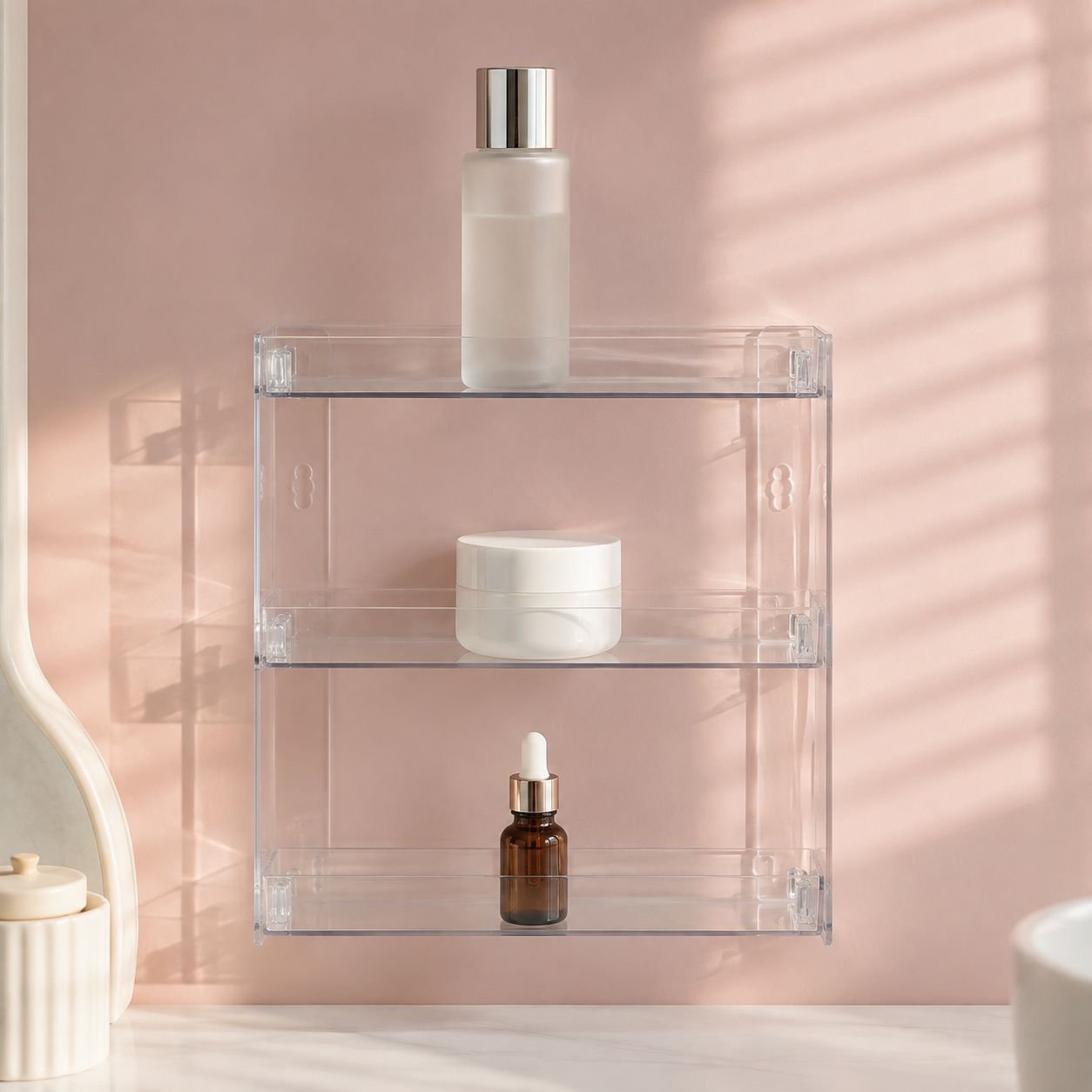 Multi-purpose acrylic shelf for storing toiletries and figurines