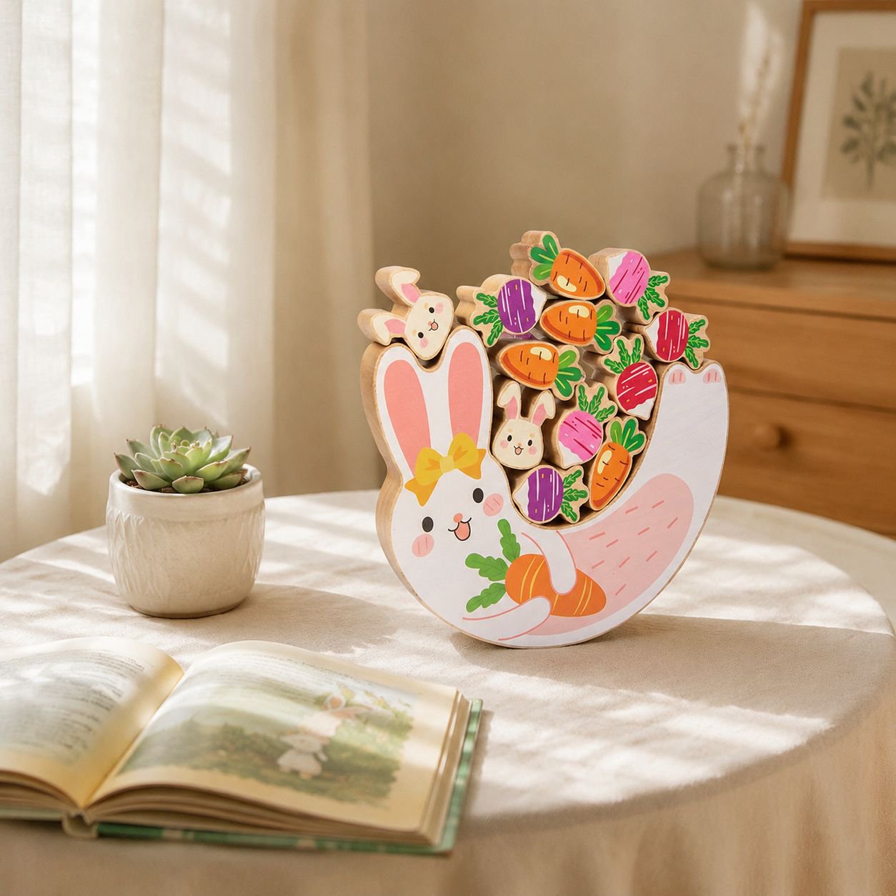 Children's Rabbit Balance Stacking Wooden Blocks Stacking Game, Educational Board Game for Babies an