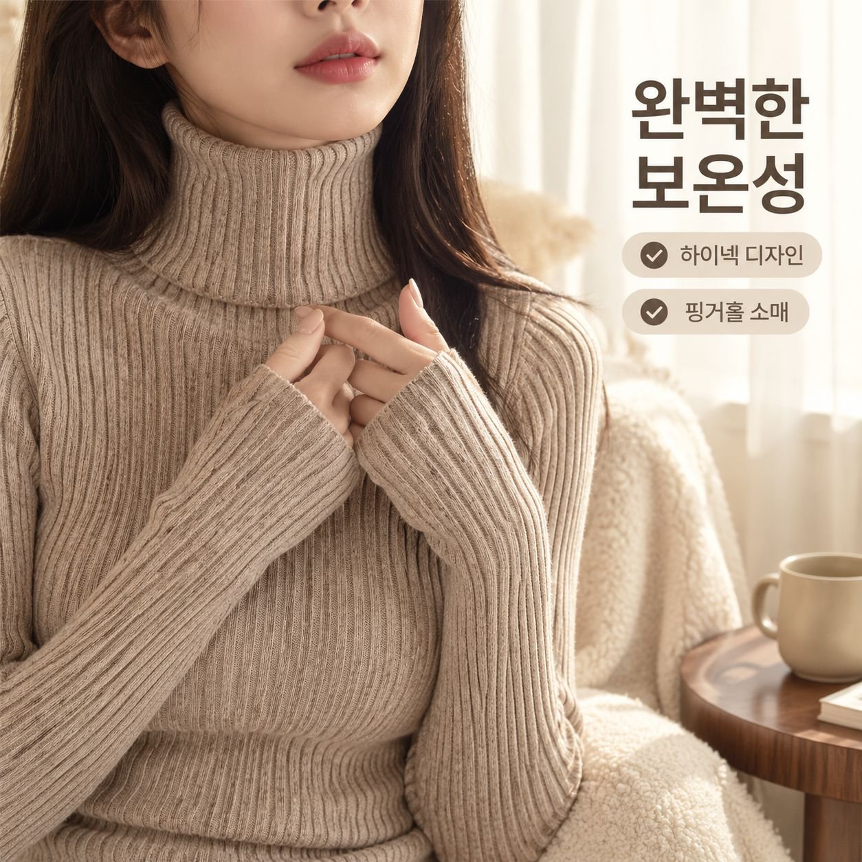 엄지 구멍이 있는 여성용 하이넥 긴팔 스웨터