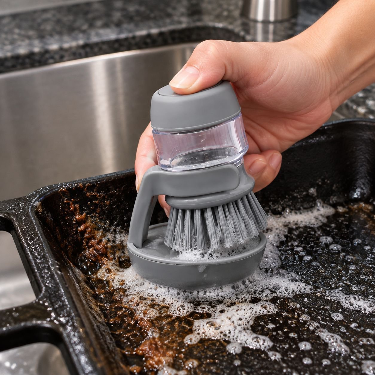 Close-up of dish brush with built-in soap dispenser