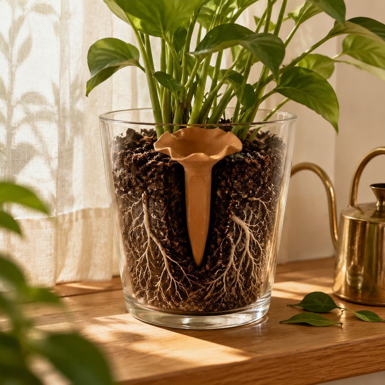 Terracotta watering spikes inserted into potted plants for automatic hydration