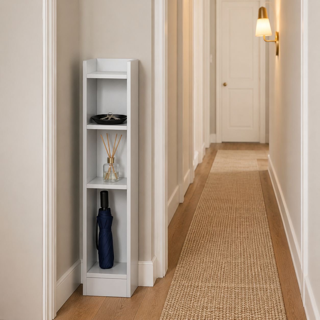Narrow corner shelving unit displaying decorative items