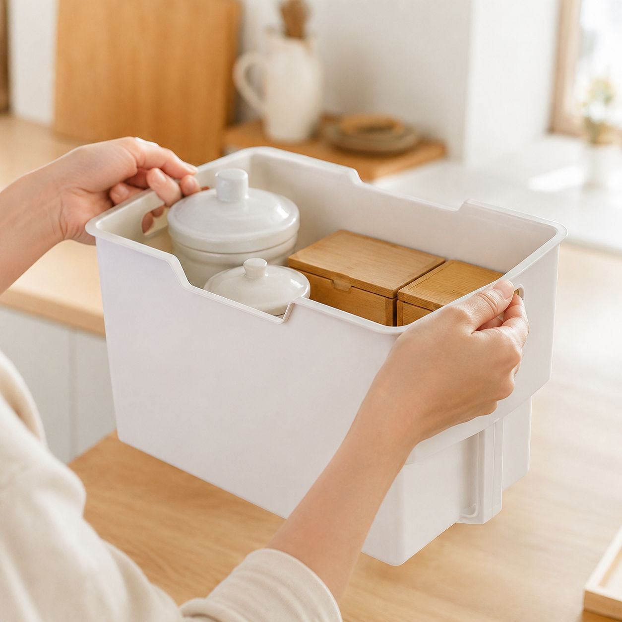 キッチンで使用中のキャビネット上部収納バスケット