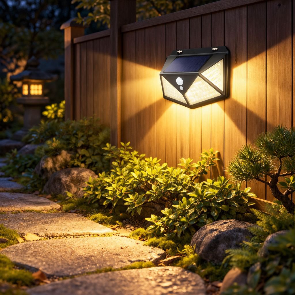太陽光発電式屋外中庭照明、人体センサー付き壁面照明、100個のLEDを搭載した四面充電式家庭用照明、街路灯、環境照明。