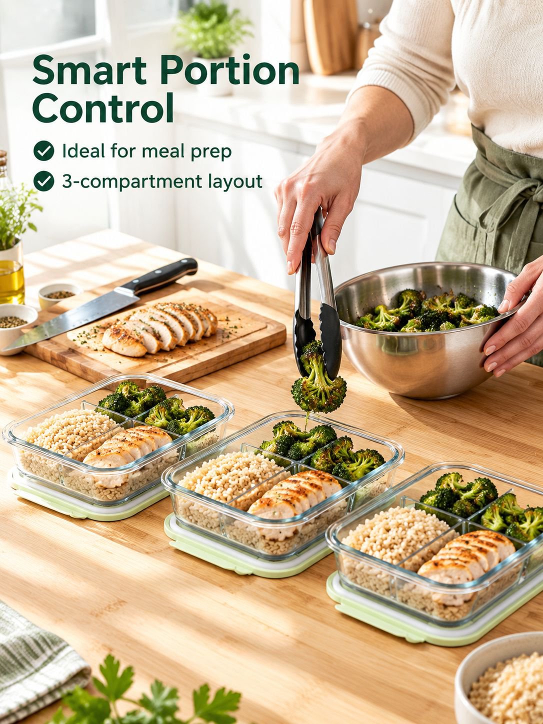 Glass meal prep container with compartments for entrees and sides