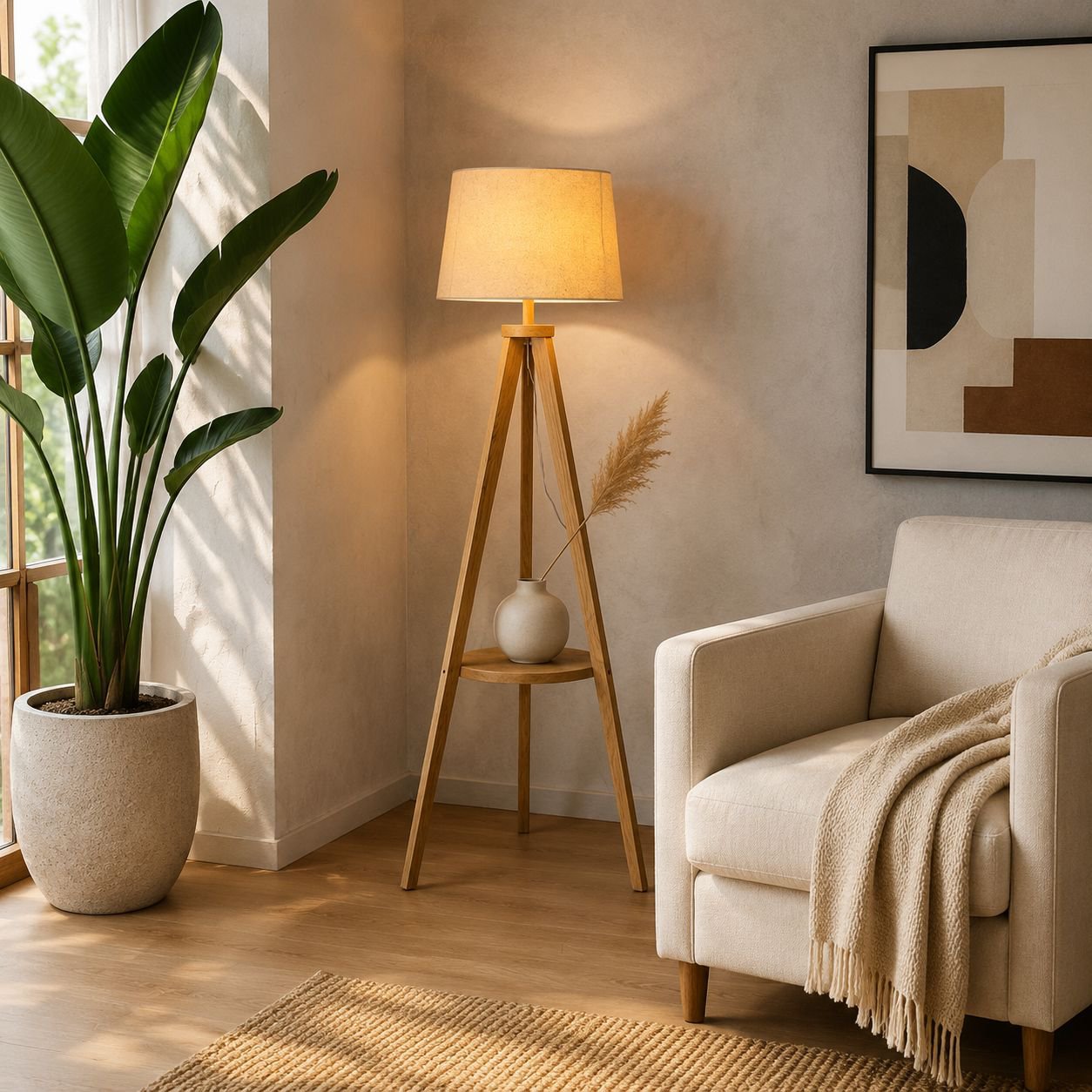 Lámpara de pie de salón con trípode de madera maciza