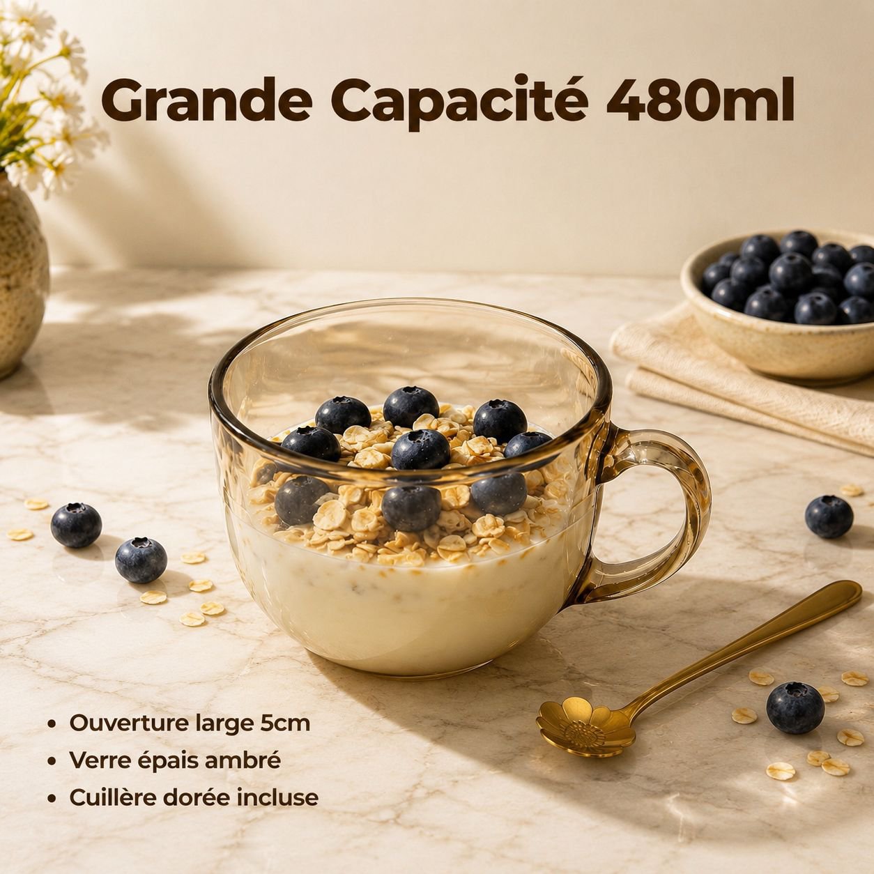Verre à petit-déjeuner grande capacité avec couvercle et cuillère