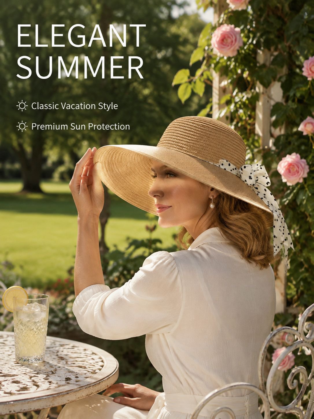 Summer wide-brimmed beach hat for women, sun protection, elegant women's vacation sun hat, polka dot