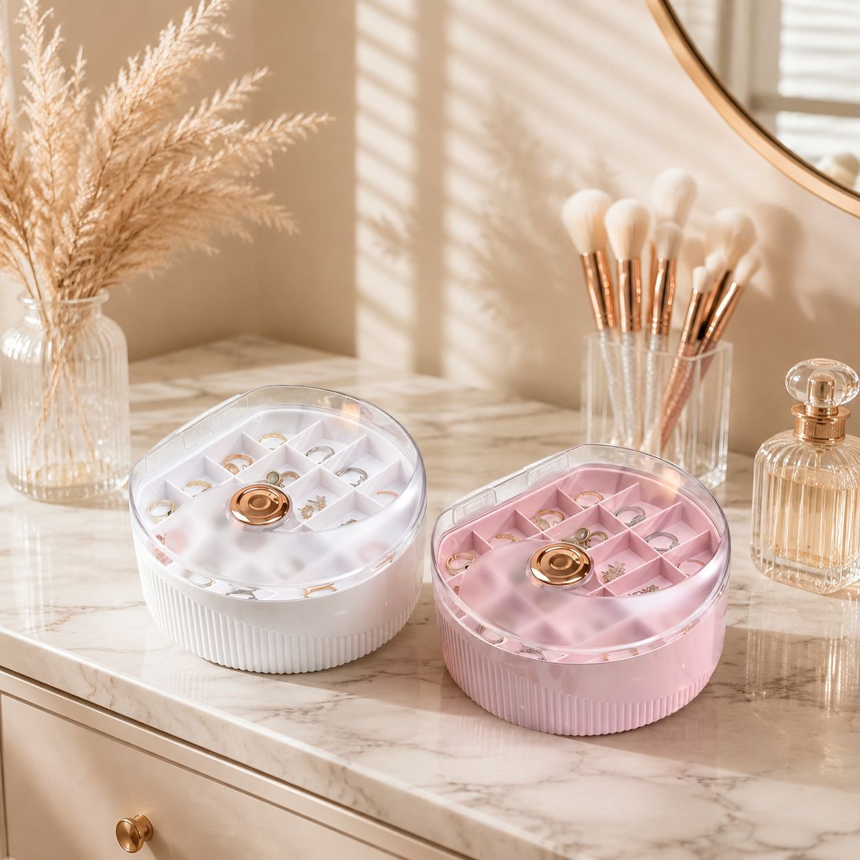 High-end double-layer portable jewelry box open with earrings and necklaces