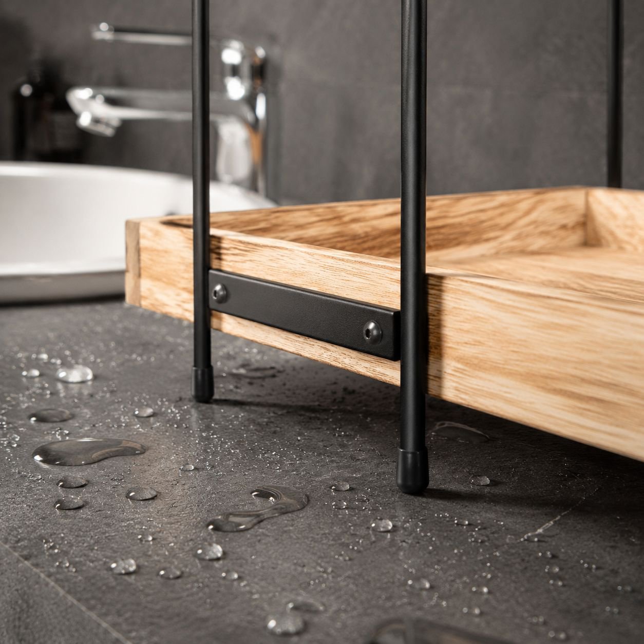 Bathroom storage rack with towels and toiletries