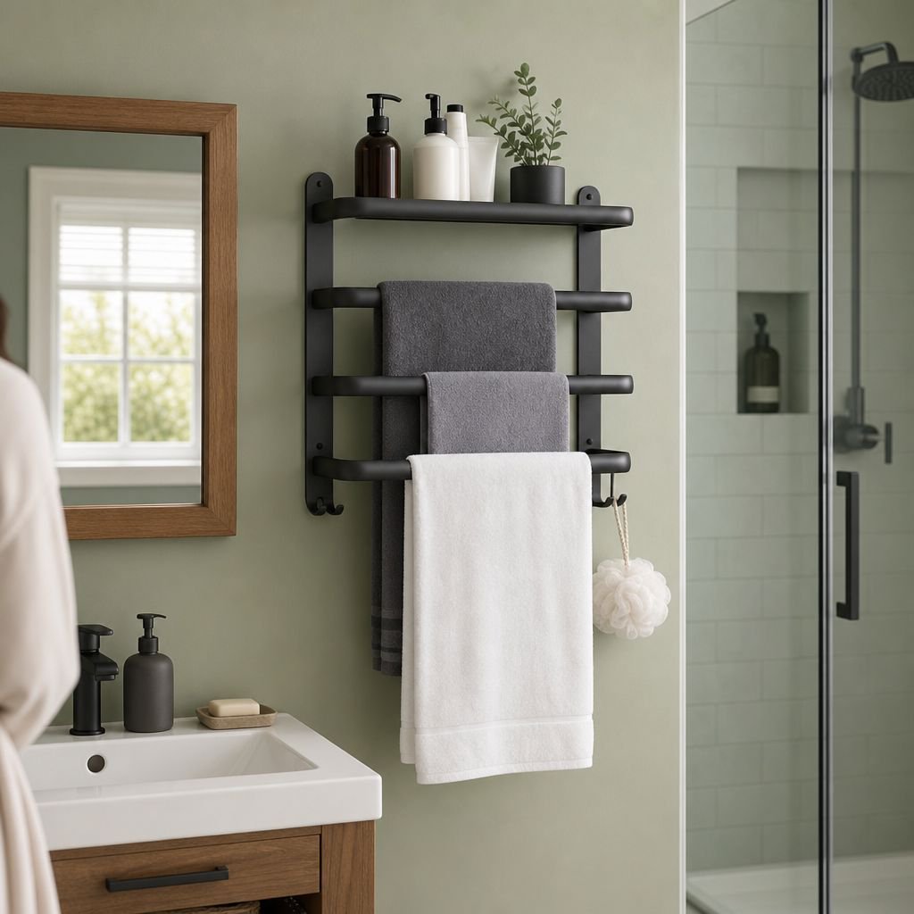 Towel rack and shelf combo showing easy installation process