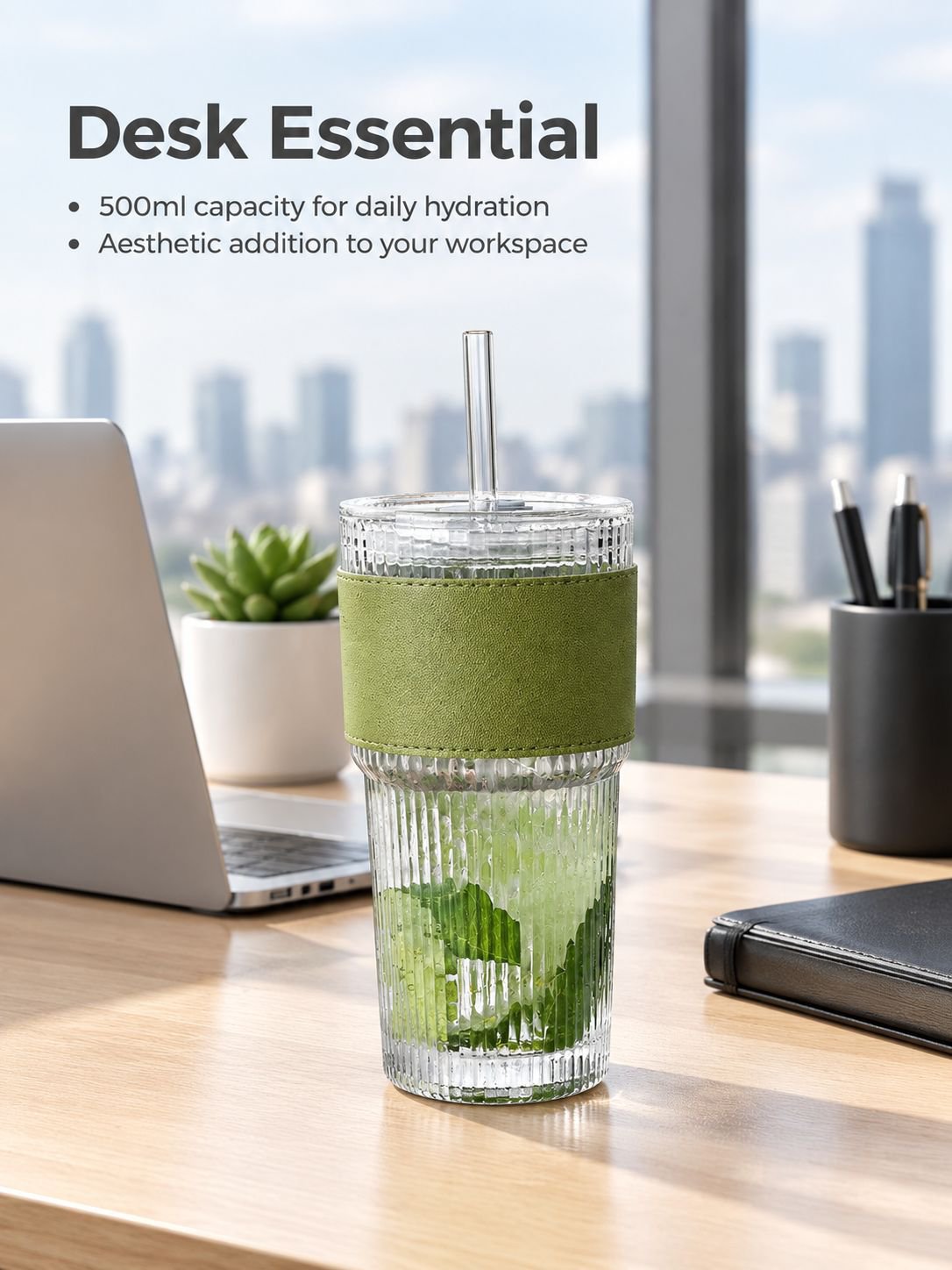 Vertical Stripe Clear Glass Cup showcased with tea