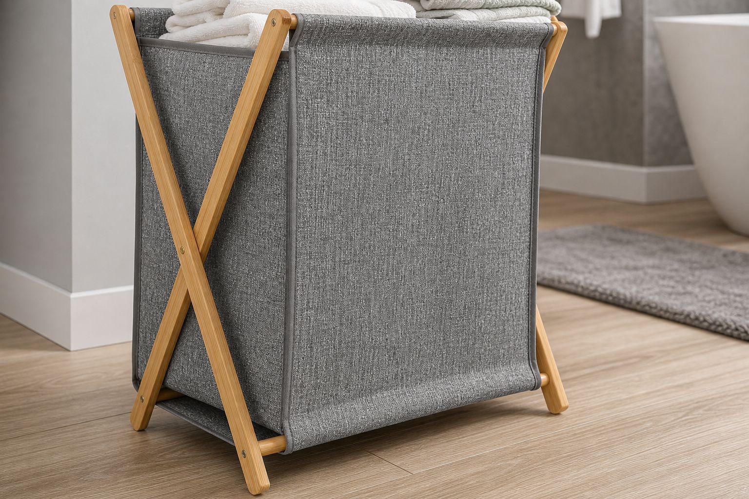 Eco-friendly PVC Bamboo Laundry Basket, Durable Foldable Home Storage Box