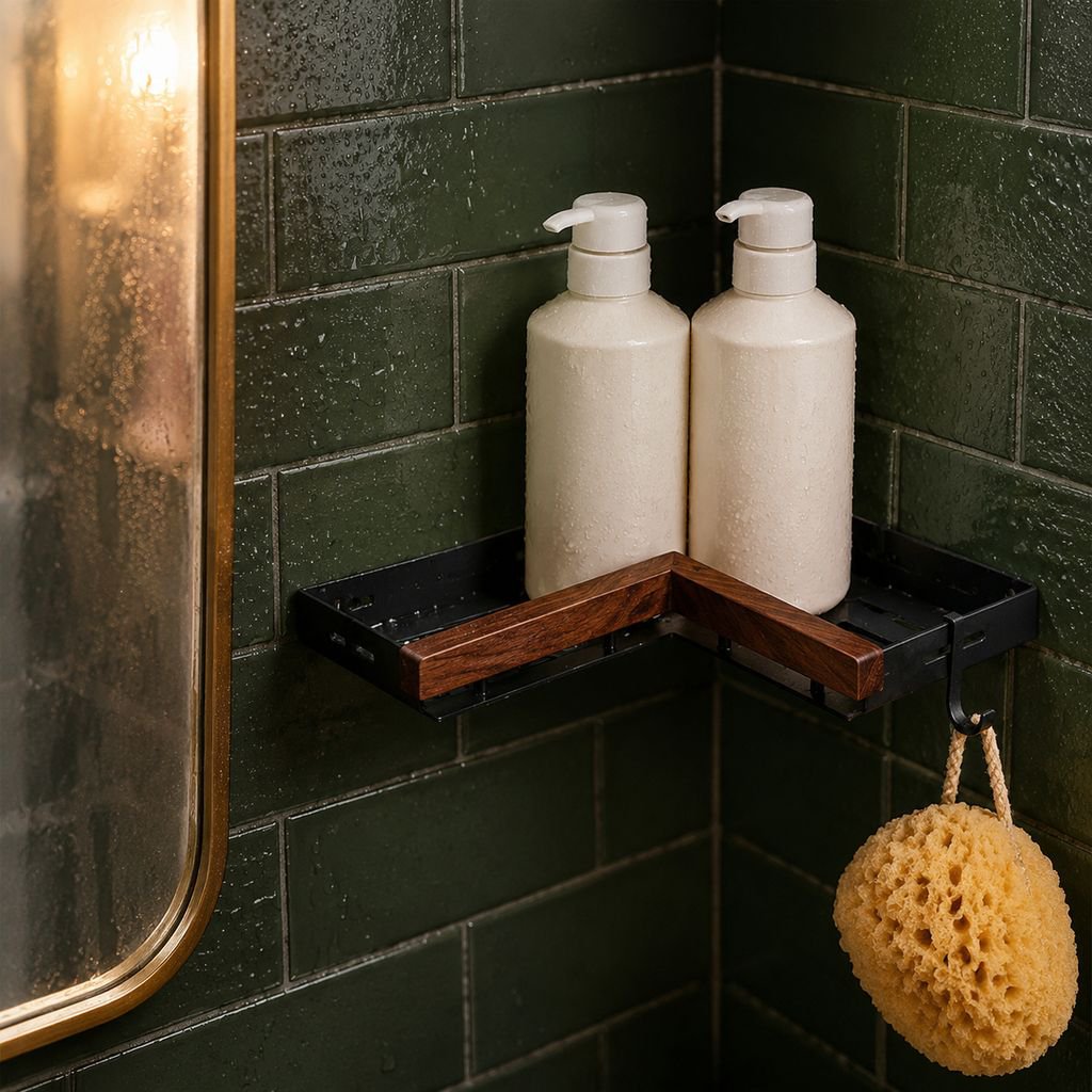 Modern bathroom with wall-mounted wooden shelf