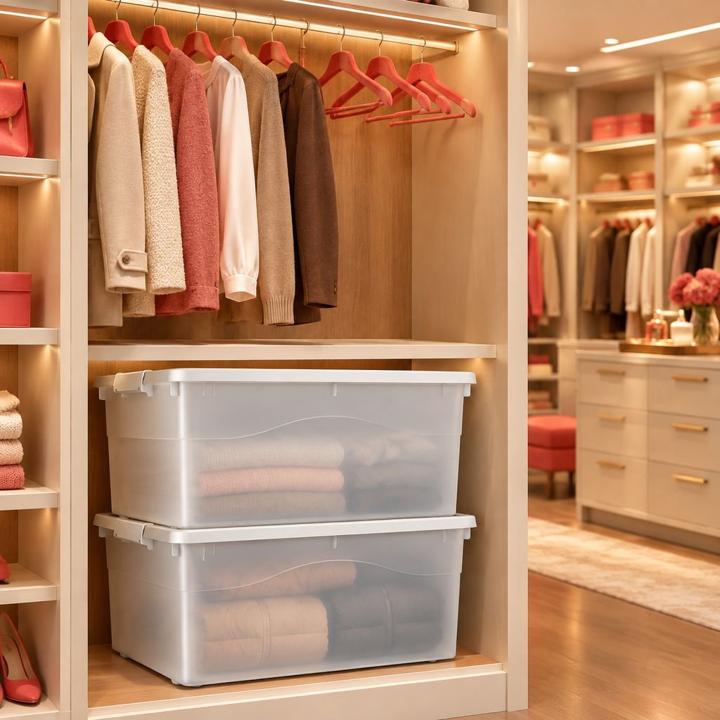 Contenedor grande de plástico para guardar prendas de vestir