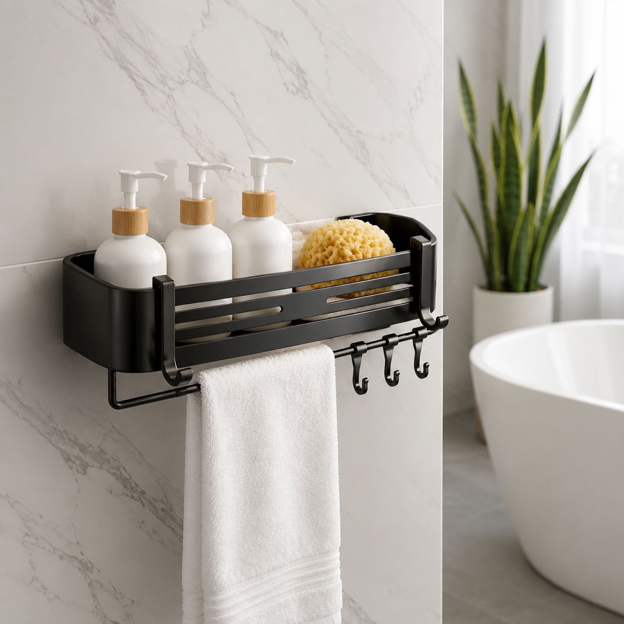 Rectangular no-drill shelf for bathroom organization