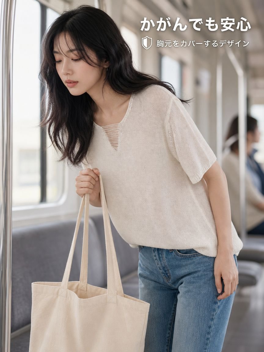 大きいサイズ対応のVネックTシャツコーデ例