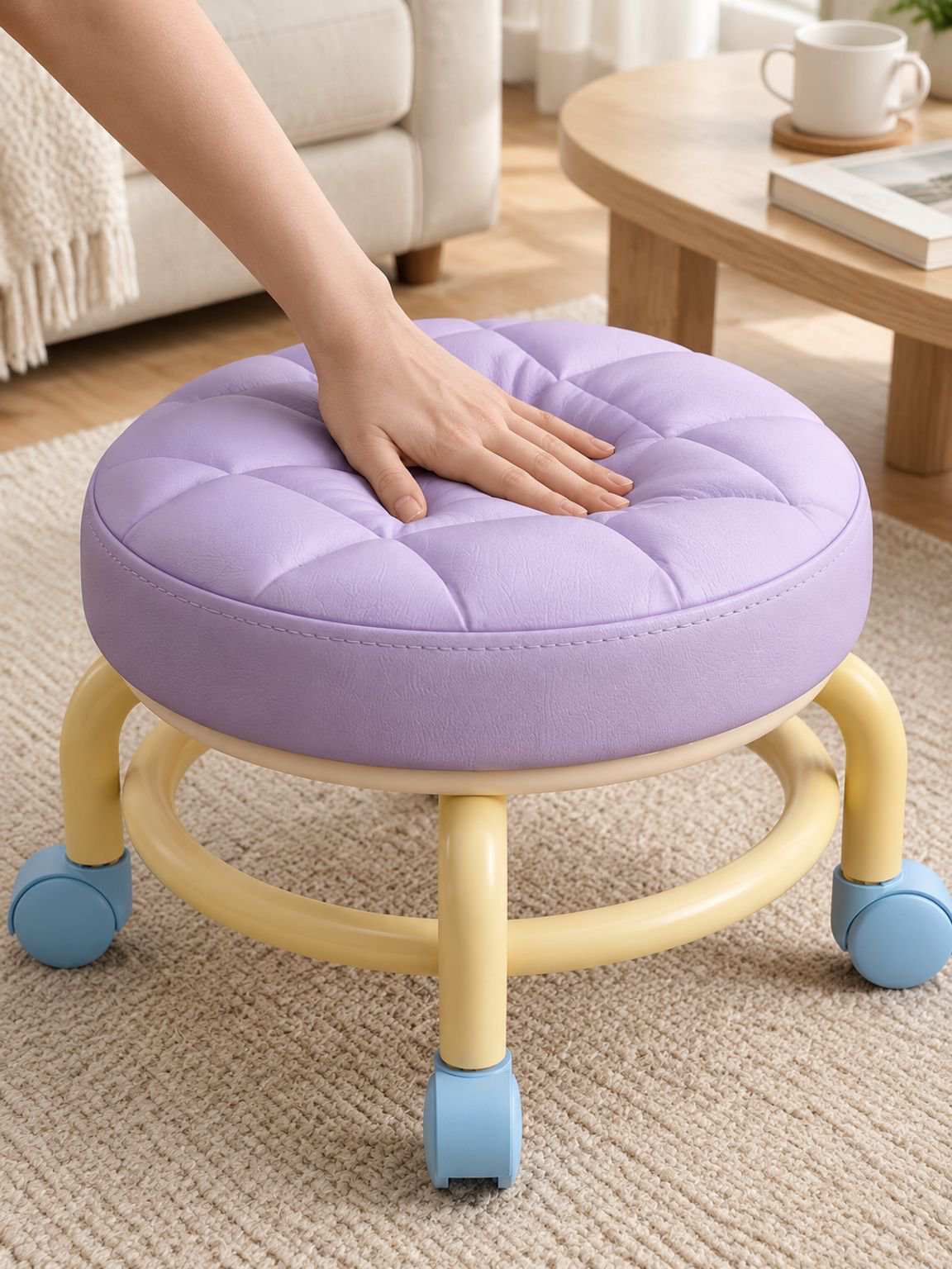 Petit Tabouret Rond à Roulettes Pivotantes Coloré Bas pour Salon