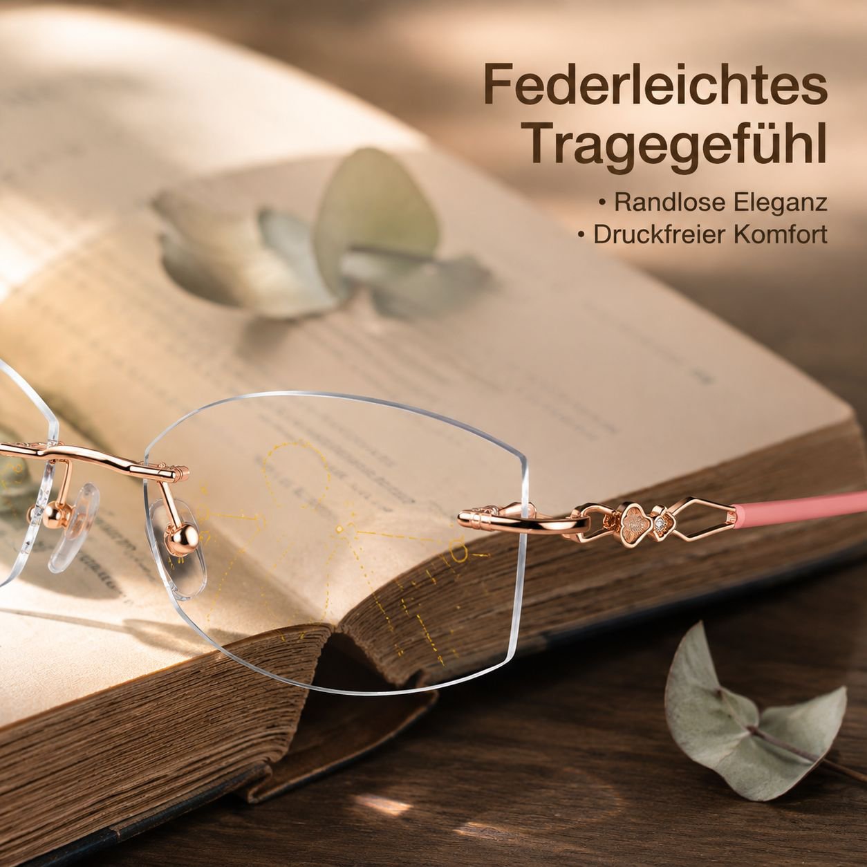 Rahmenlose Lesebrille mit Blaulichtfilter und intelligenter Zoomfunktion für Nah- und Fernsicht
