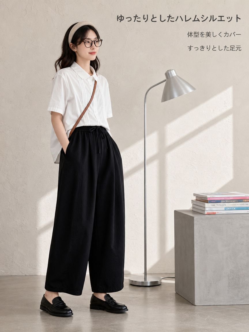カジュアルなストレートレッグパンツ、シンプルなドローストリング付きハイウエストスリムフィット万能ルーズハーレムパンツ（女性用）