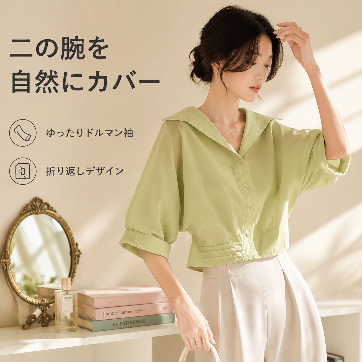 夏のドーパミン風グリーン半袖シャツ レディース 小柄向け可愛いショート丈シャツ