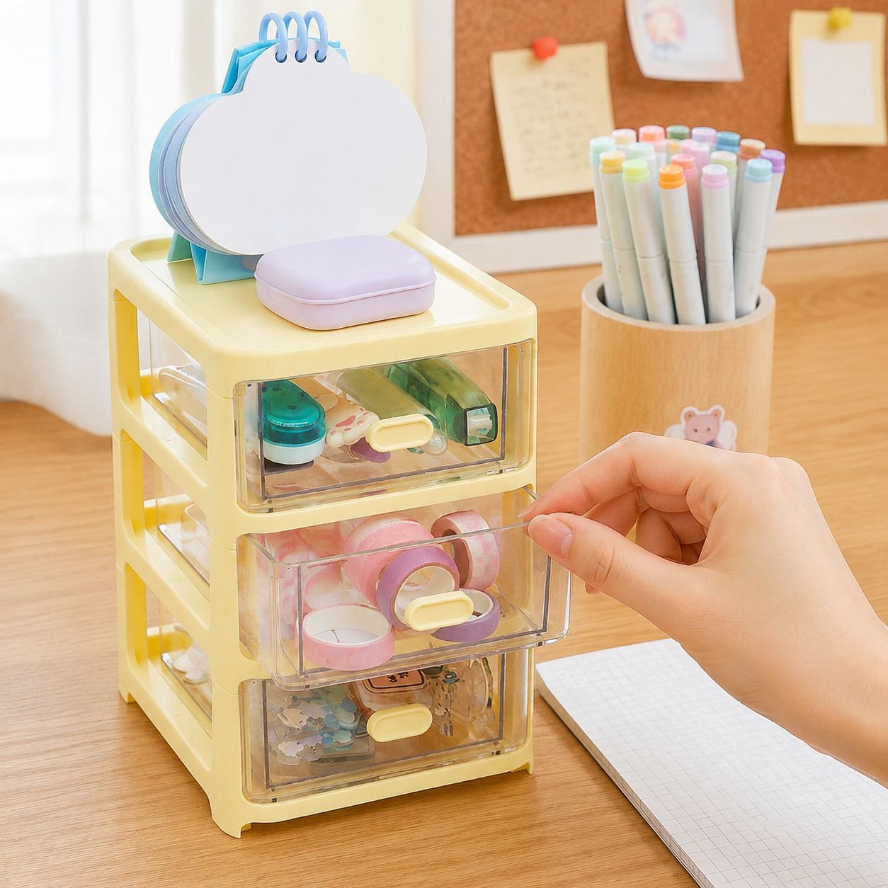 かわいいクリーム色のデスクトップ収納ボックス、引き出し収納ボックス、玄関収納ボックス、大容量オフィス/寮のデスク棚